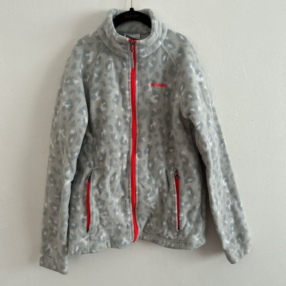 Columbia Fleece Jacket Girls Large 14-16 Gray Animal Print Full Zip Mock Neck